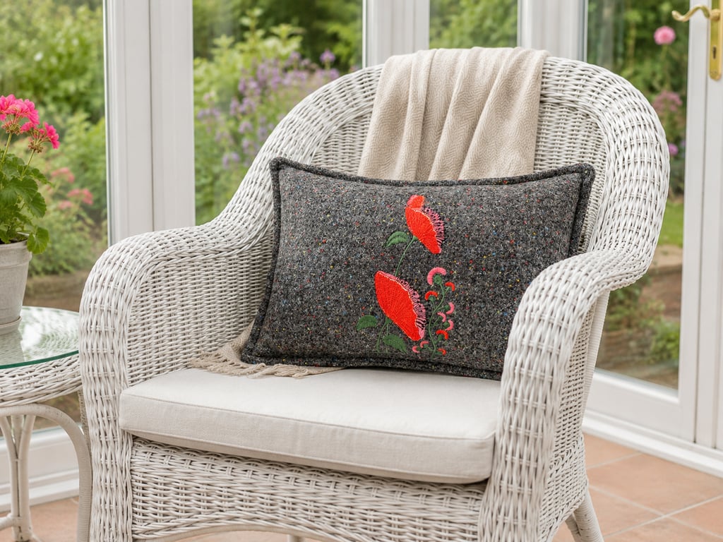 The Harris Tweed and Vintage Japanese Silk embroidered Poppy Cushion