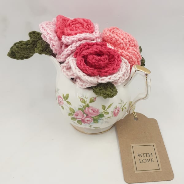 Pink Crochet Roses in Mini Vintage Jug