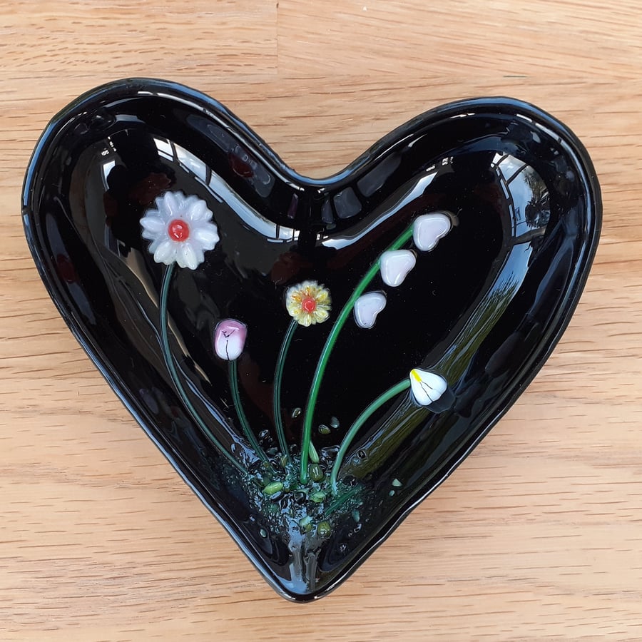 Fused glass heart trinket dish, black with flowers