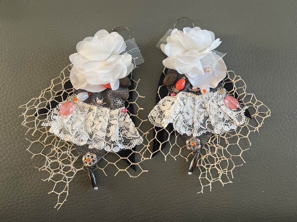 Handcrafted Mixed Media Leather Earrings – Lace, Floral & Beaded Statement Drops