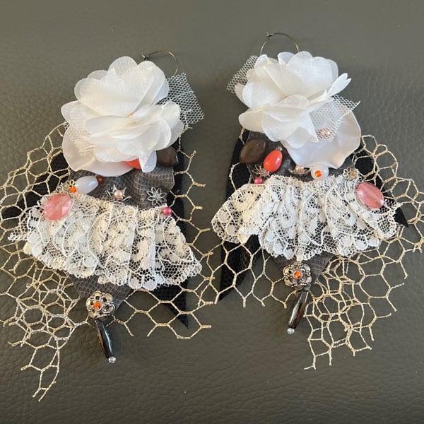 Handcrafted Mixed Media Leather Earrings – Lace, Floral & Beaded Statement Drops