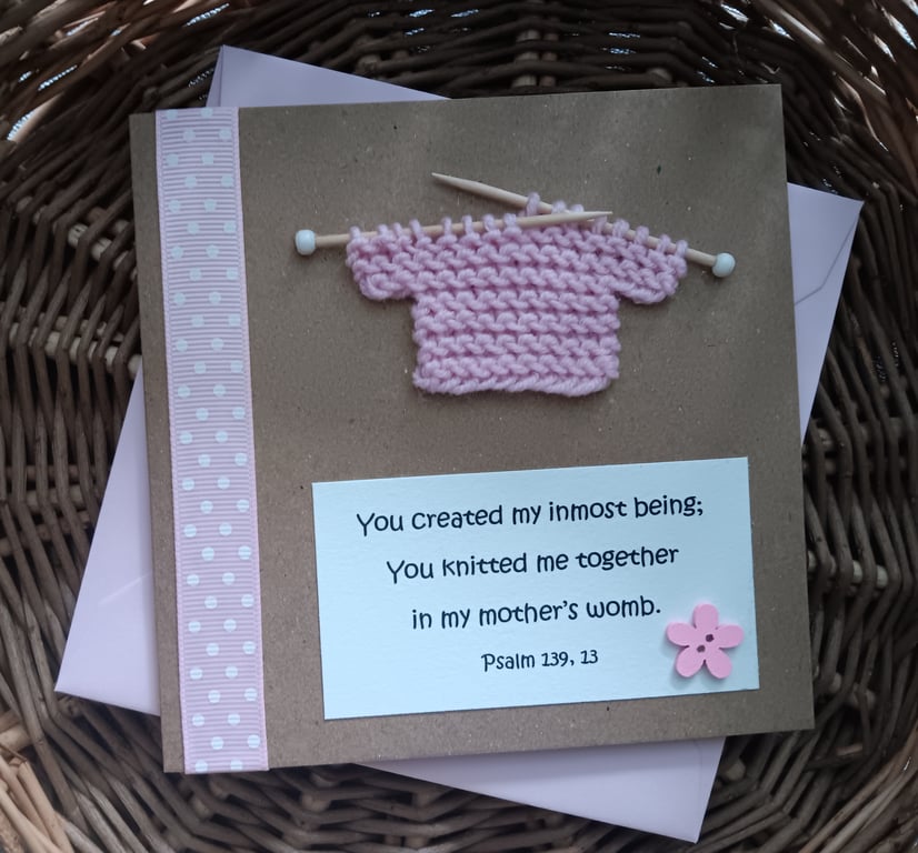 New Baby Girl Card with text from Psalm 139 and Knitted Jumper Size 5" x 5"