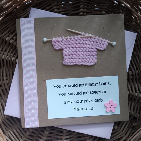  New Baby Girl Card with text from Psalm 139 and Knitted Jumper Size 5" x 5"
