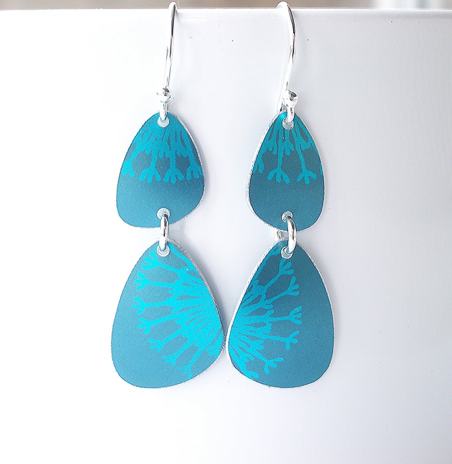 Pebble shaped mid century style teal drop seed head earrings