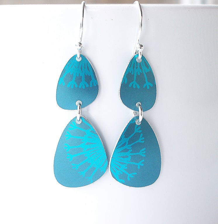 Pebble shaped mid century style teal drop seed head earrings