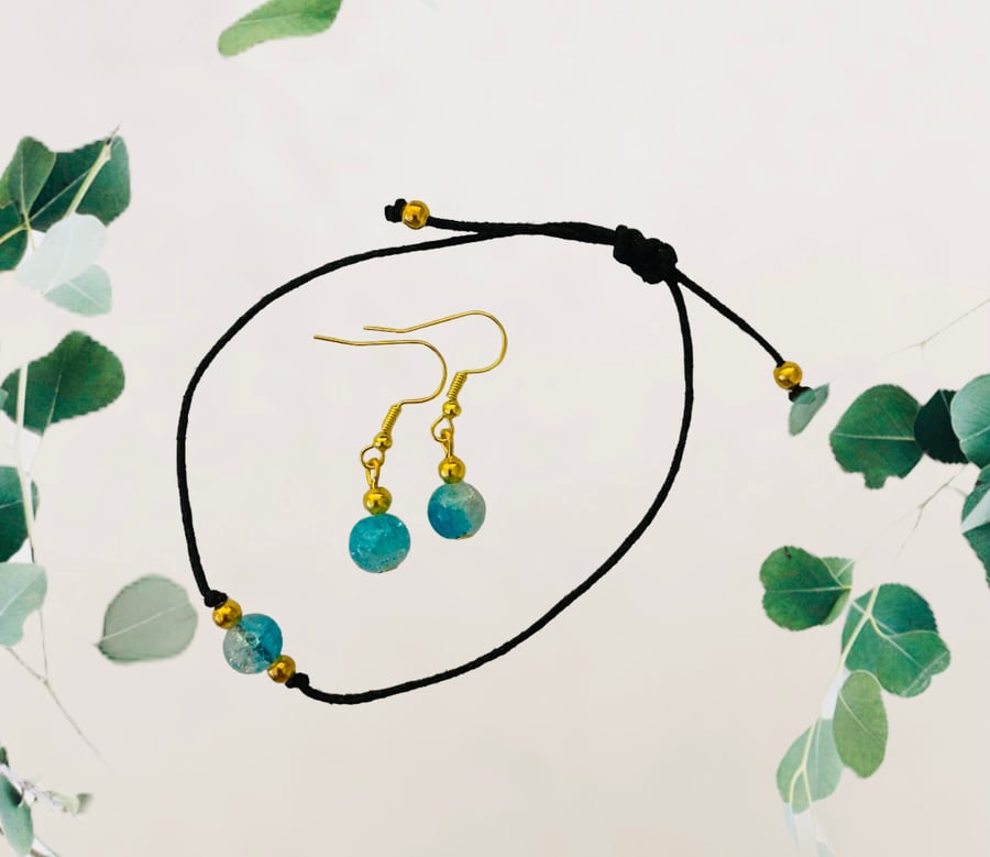 Handmade Blue glass bead breacelet and earring set with gold plated finishing.