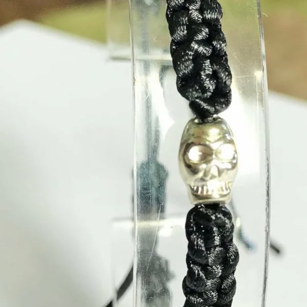 Silver Tone Skull Bead on Black Macrame Bracelet. 8.5inch Adjustable 