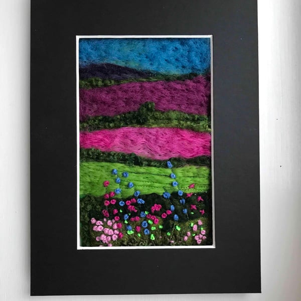 Brightly coloured-modern landscape-needle felted-hand embroidered-picture 