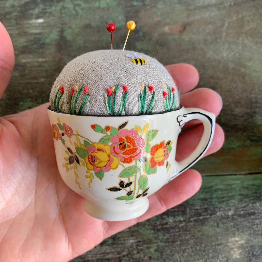 Royal Doulton Rosslyn coffee cup embroidered pin cushion