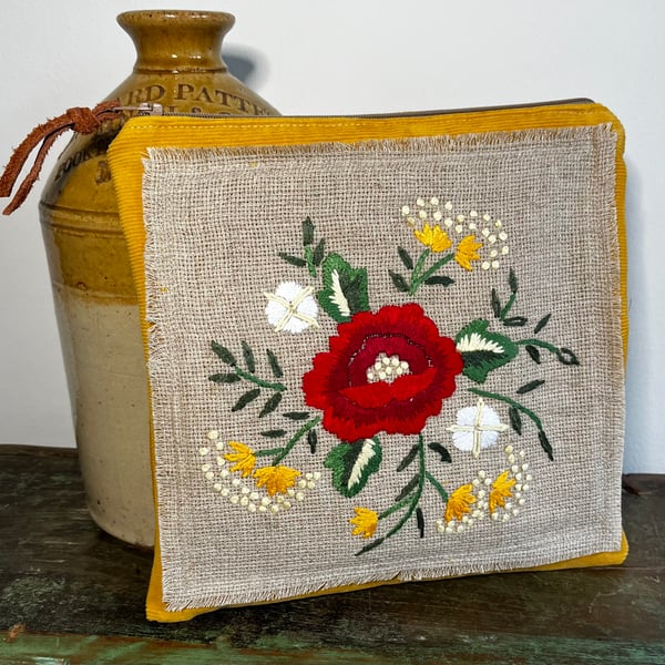 Reclaimed embroidery floral zip pouch with corduroy back