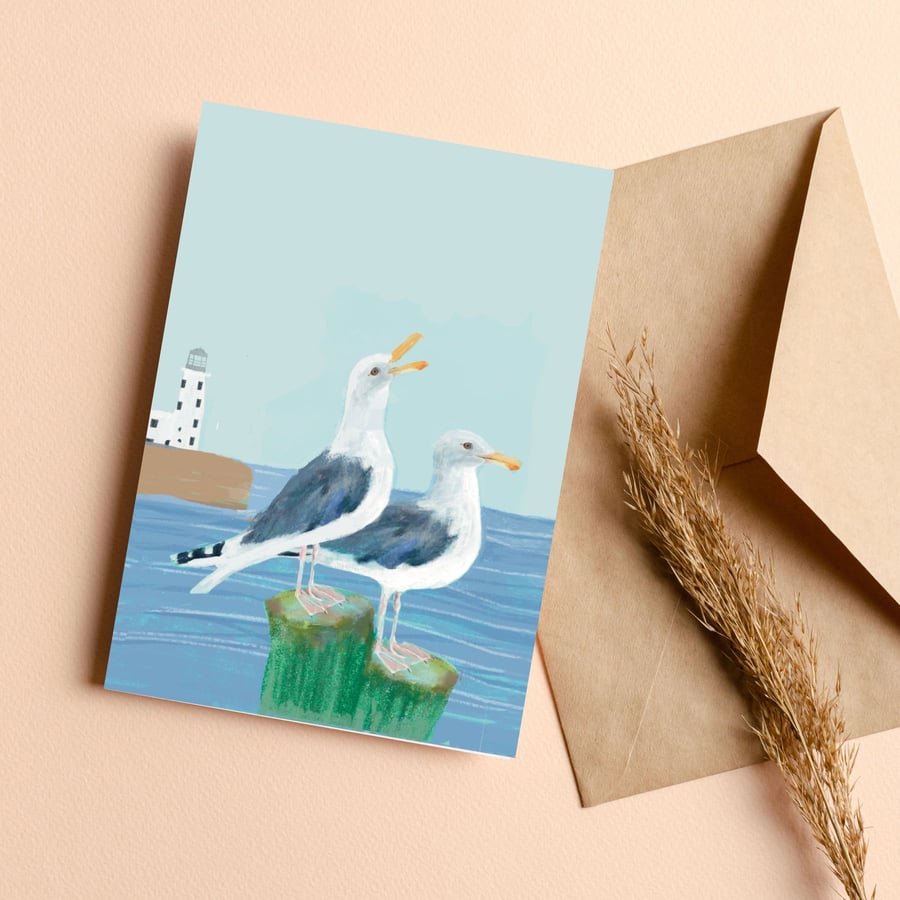 Blank seaside card Seagulls lighthouse coastal card 