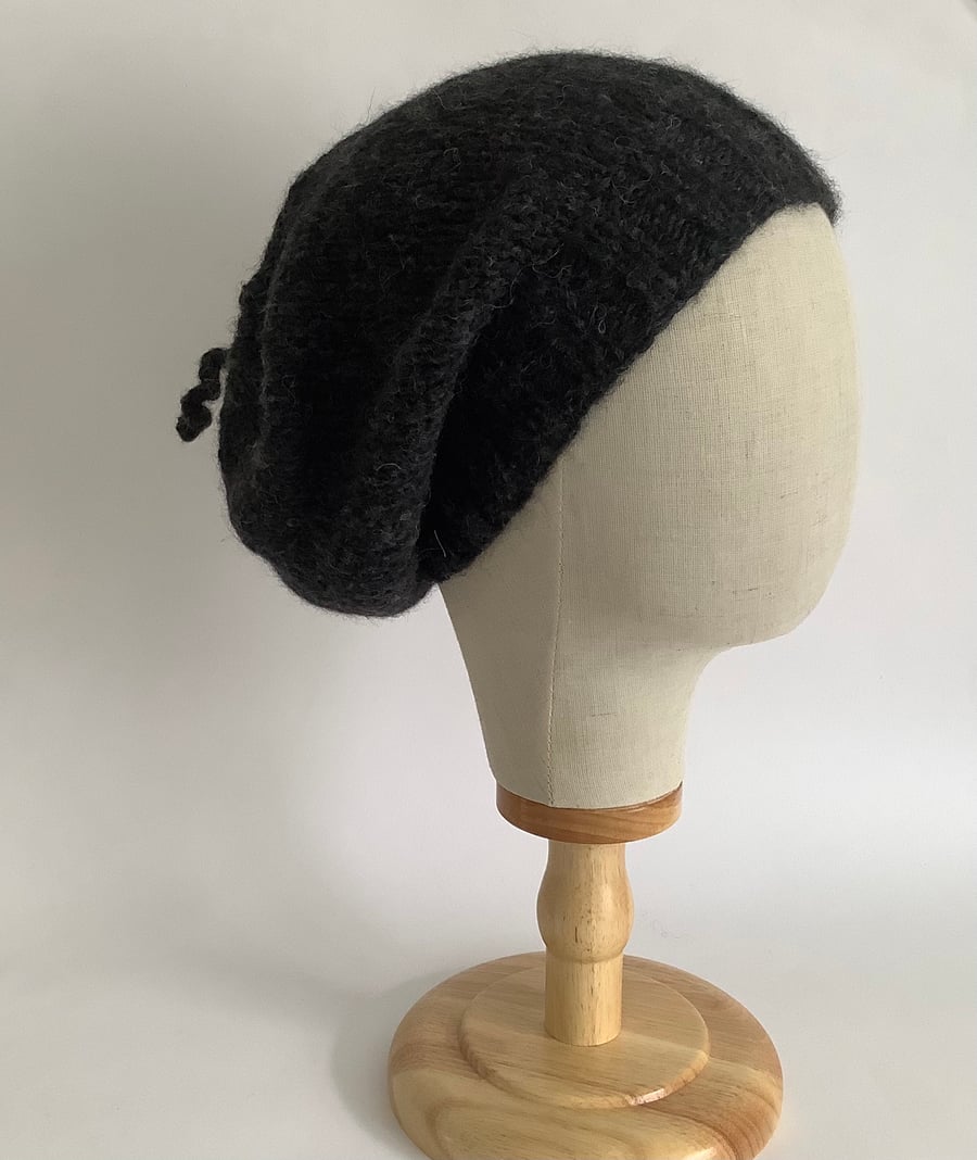 SLOUCH BEANIE .Hat  'Elodie' . Luxurious baby alpaca , merino blend . D. Grey.