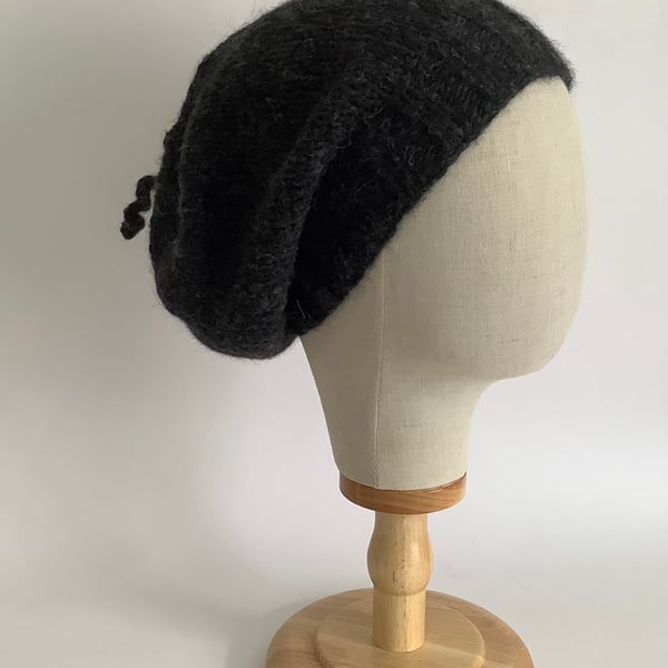 SLOUCH BEANIE .Hat  'Elodie' . Luxurious baby alpaca , merino blend . D. Grey.