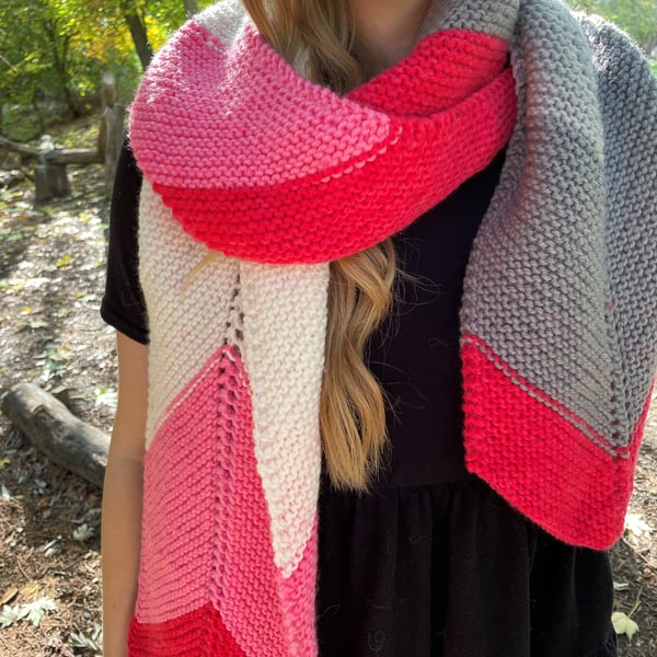 Bold striped scarf in pink grey and white 