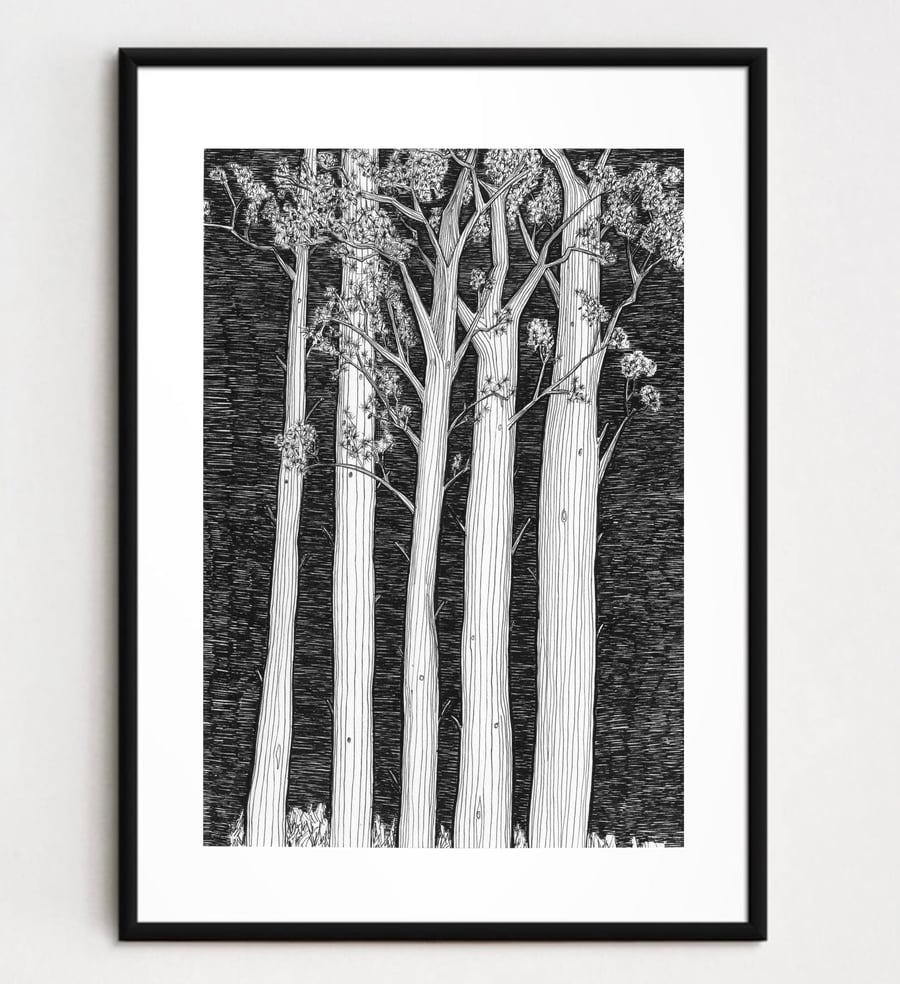 Tree art print, pen and ink illustration