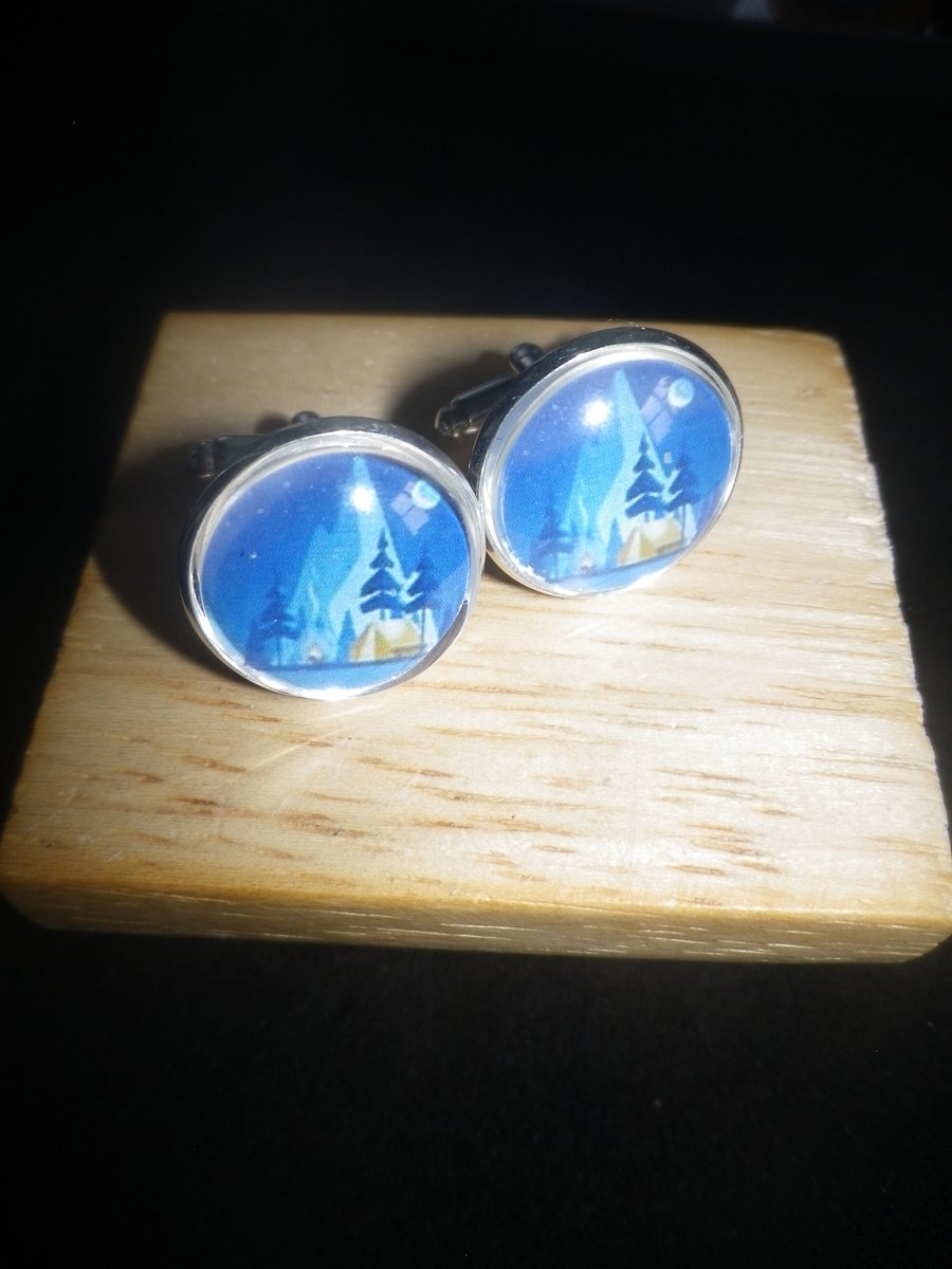 Moonlight Camping cufflinks, matching tie clip available, free UK shipping......