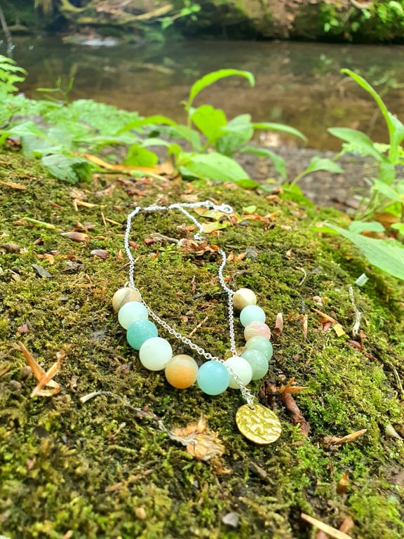 Natural Frosted blue green amazonite bead necklace