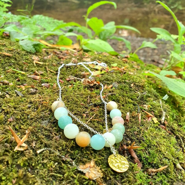 Natural Frosted blue green amazonite bead necklace