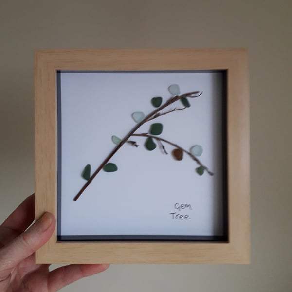 Original Sea Glass Art, Beach Glass Tree Framed 7 x 7 inches