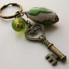 Green and Cream Ceramic Frosted Glass Bead Antique Bronze Keyring   KCJ857