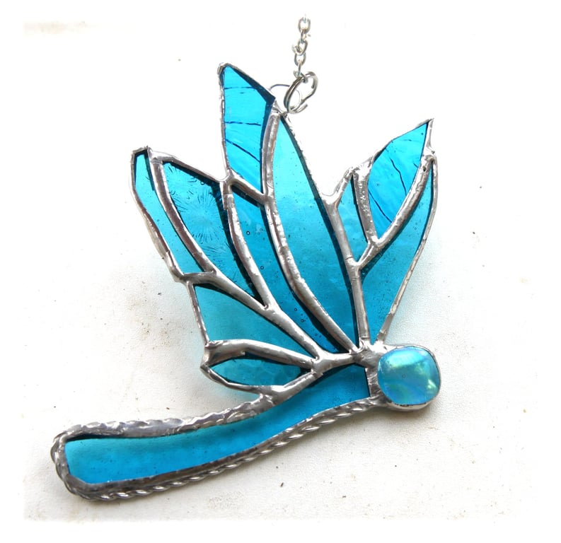 Dragonfly Suncatcher Stained Glass Turquoise Closed Wing