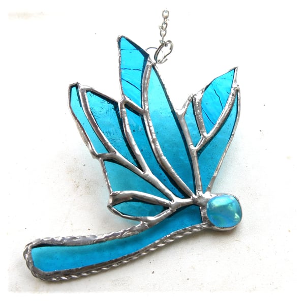 Dragonfly Suncatcher Stained Glass Turquoise Closed Wing