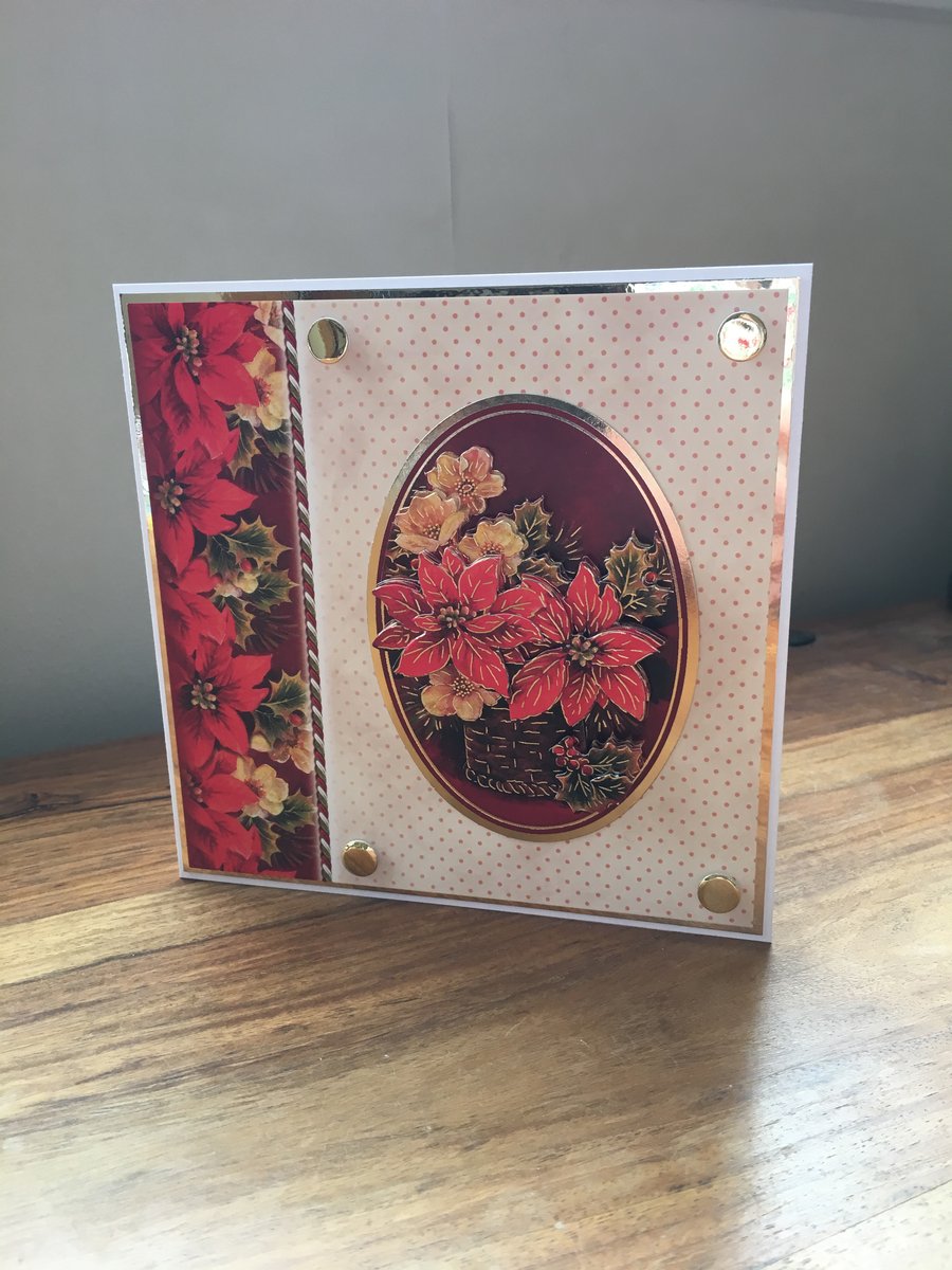 3D Poinsettia Christmas Card - Handmade - Decoupage - Blank Inside