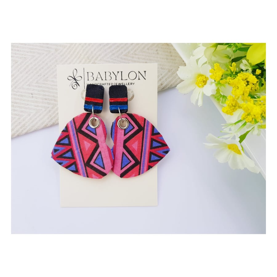 Handmade Beaded African Tribal-Style Patterned Earrings Mixed with Faux Leather