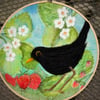 Needle felted blackbird with strawberries textile picture 
