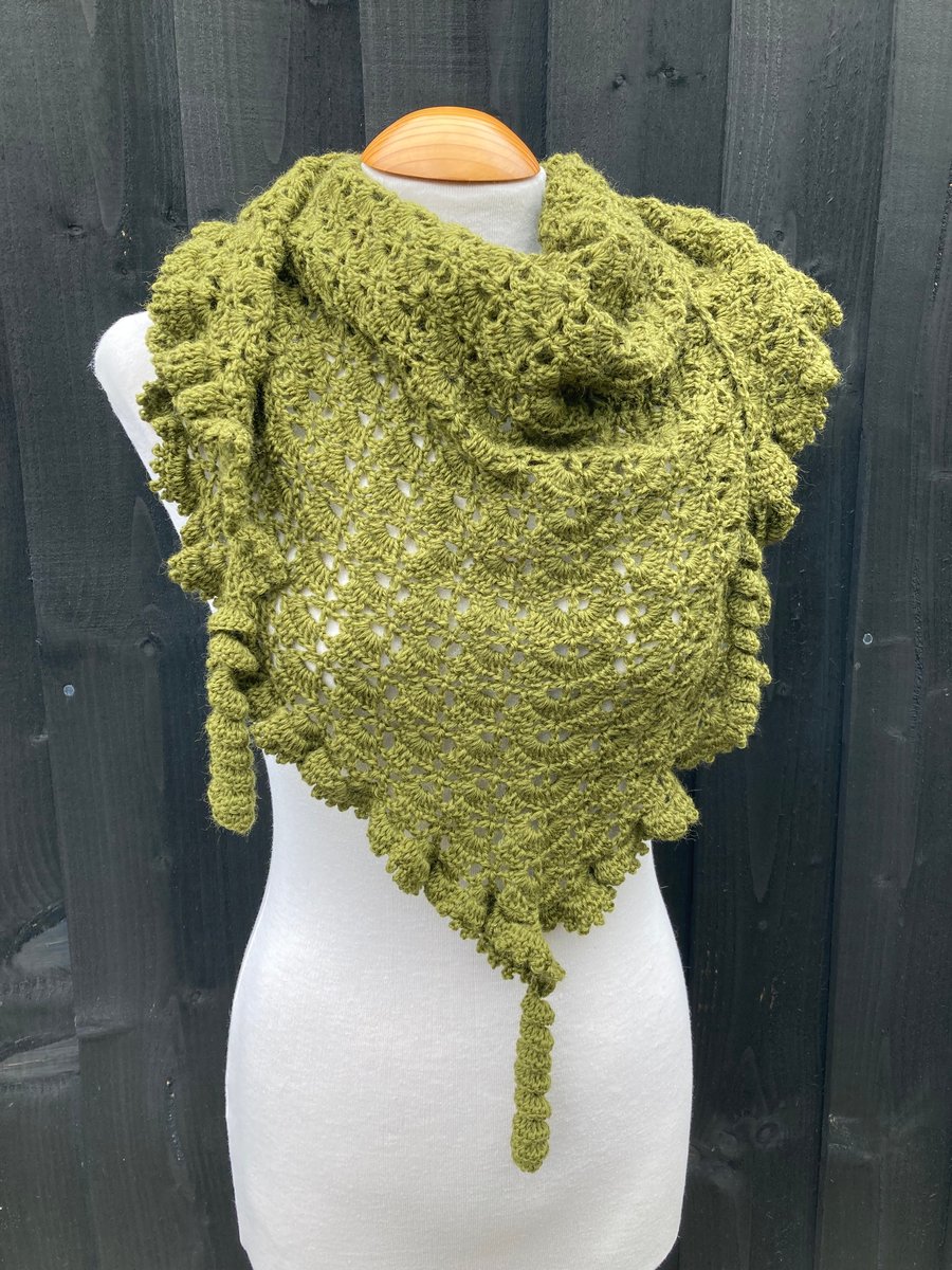 Moss green crochet shawl hand made in soft 4-ply wool with ruffled edge
