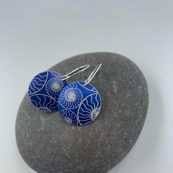 Blue aluminium ammonite circle earrings