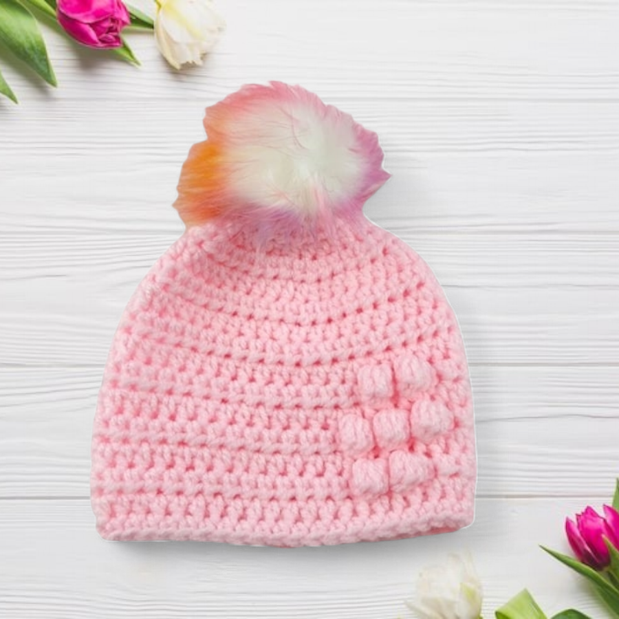 Pink baby crocheted hat white faux fur pompom with orange purple & pink 
