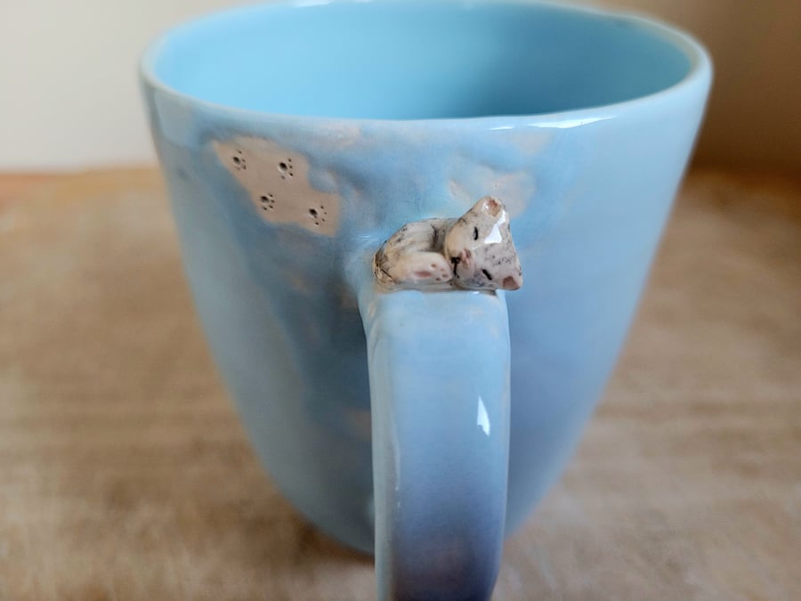 Handmade blue cat cup with tiny cat handpainted tabby mug Seconds Sunday SALE