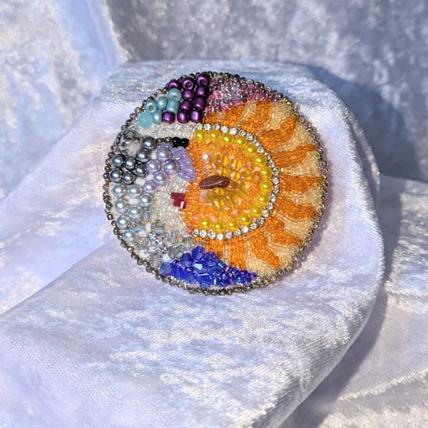 Sun and Moon beaded brooch