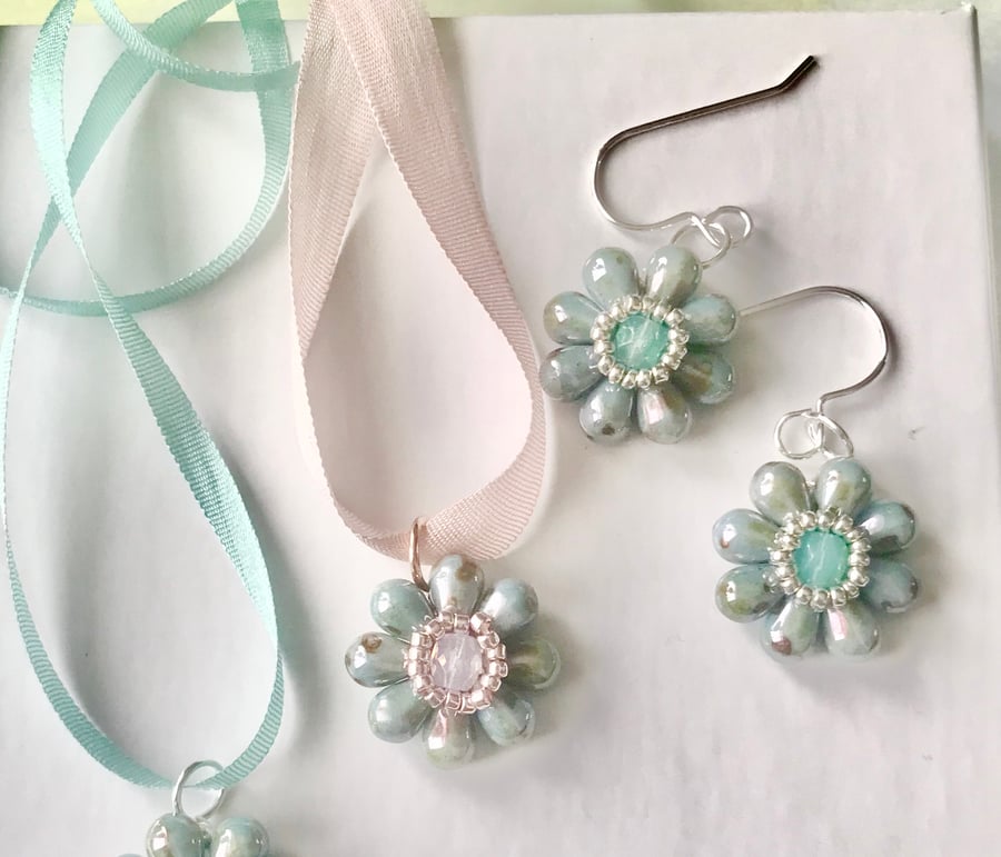 Sterling Silver Beaded Flower Earrings 