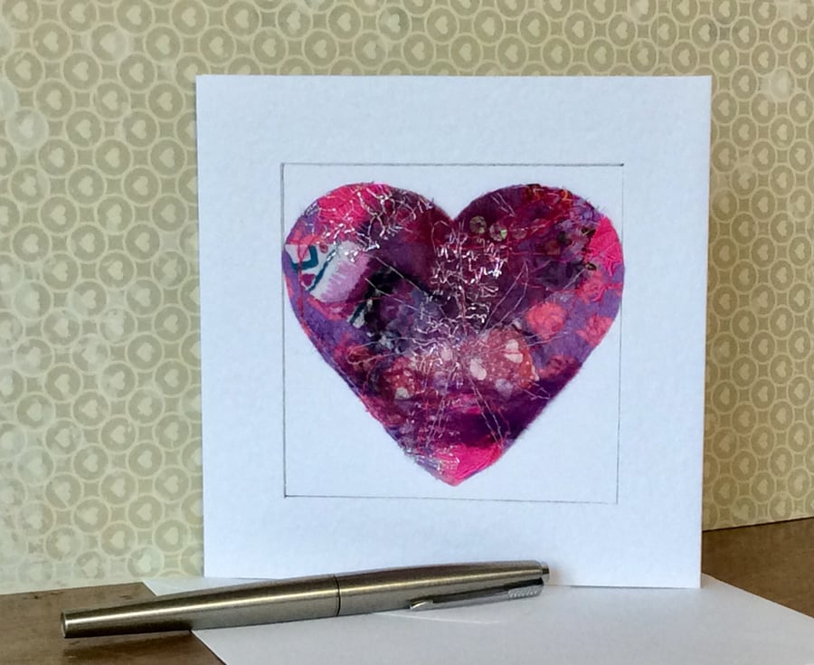 Embroidered up-cycled fabric heart Art Card. 