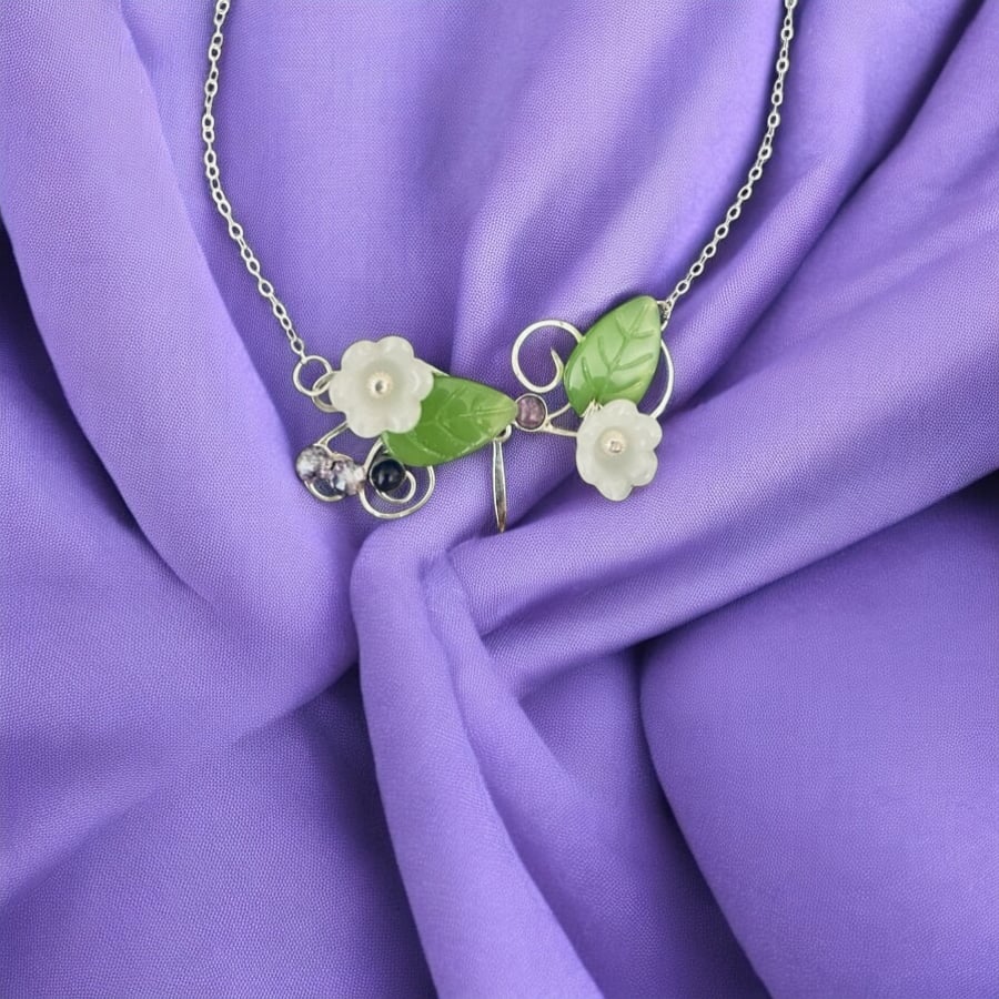 Sterling Silver Flower Botanical Necklace, Amethyst, Occasion Wedding - Freepost