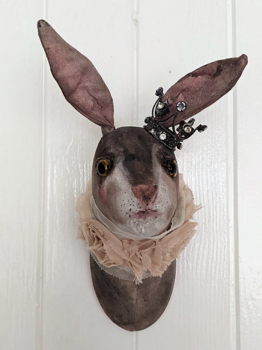 Hare and crown handmade mini faux taxidermy wall hanging