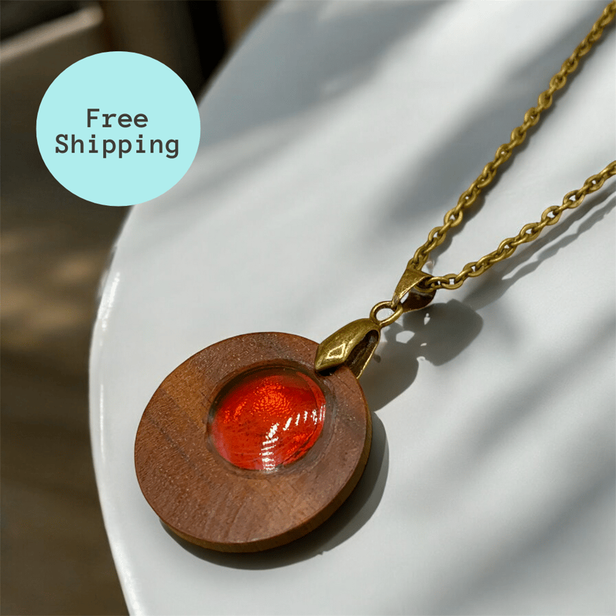 Minimalist Coin Pendant - Dark Wood & Cherry Resin Necklace