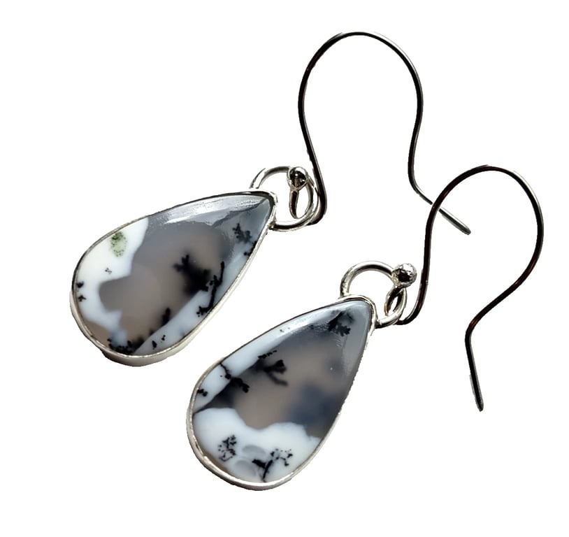 Dendritic Agate Earrings Silver Jewellery Gift Teardrop Dangle Snow Scene 925