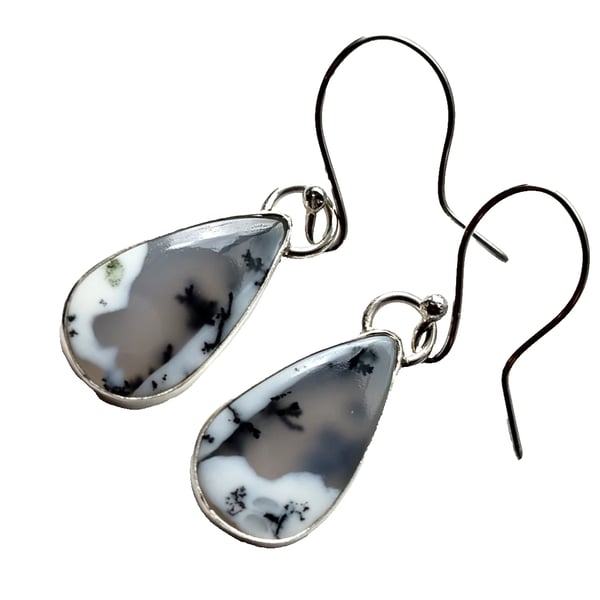 Dendritic Agate Earrings Silver Jewellery Gift Teardrop Dangle Snow Scene 925
