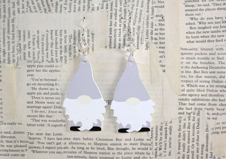 Christmas Gnome Gonk Wooden Large Statement Earrings Grey