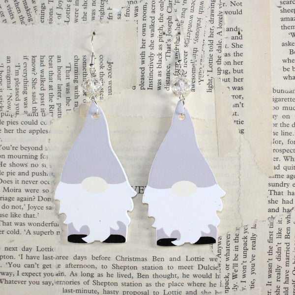 Christmas Gnome Gonk Wooden Large Statement Earrings Grey