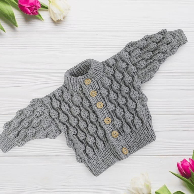 Hand Knitted Grey Baby Cardigan Bobble Knit 0 to 6 Months