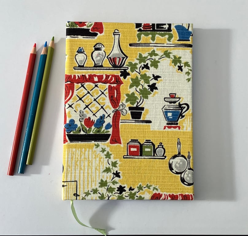 Handmade A5 Journal with Kitchenware Pattern 1950's Vintage Fabric