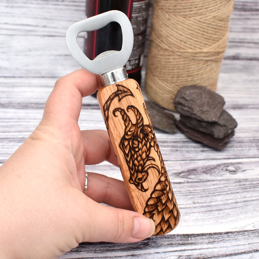 Sea Dragon. Hand burned pyrography bottle opener. Practical unusual gift.