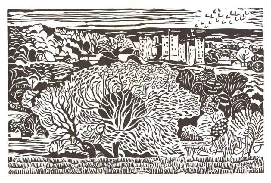 Hand-printed lino-print of Bolton Castle in Wensleydale, Yorkshire