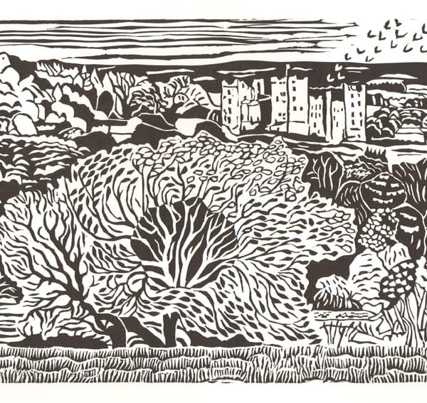 Hand-printed lino-print of Bolton Castle in Wensleydale, Yorkshire