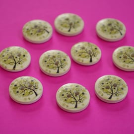 15mm Wooden Tree Blossom Buttons Green White 10pk Leaves (ST9)