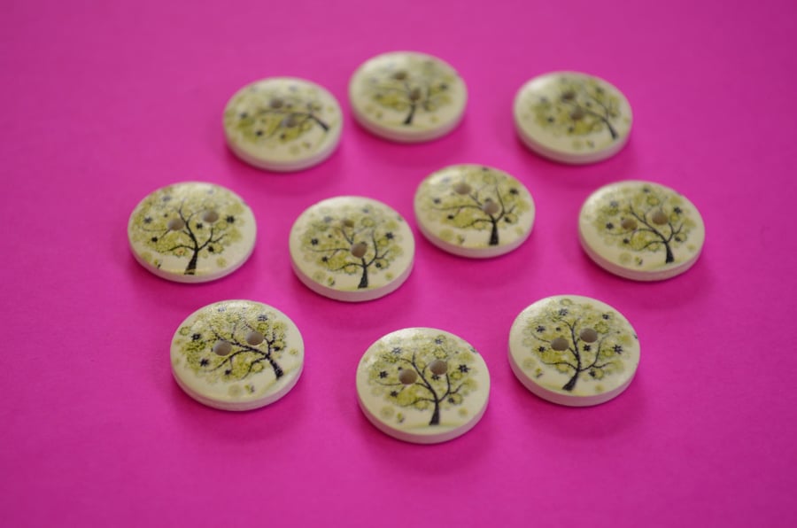 15mm Wooden Tree Blossom Buttons Green White 10pk Leaves (ST9)
